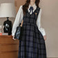 Oxford Plaid Midi Pinafore & Blouse Set (Navy)