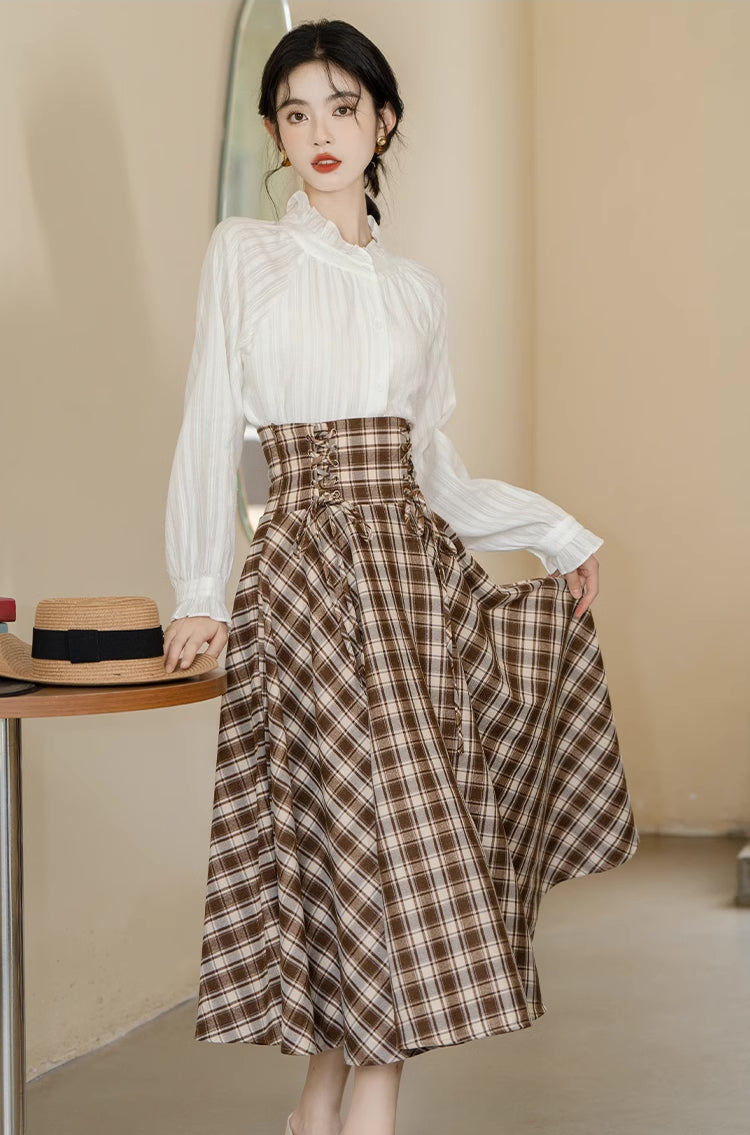 Brown and white plaid skirt hotsell