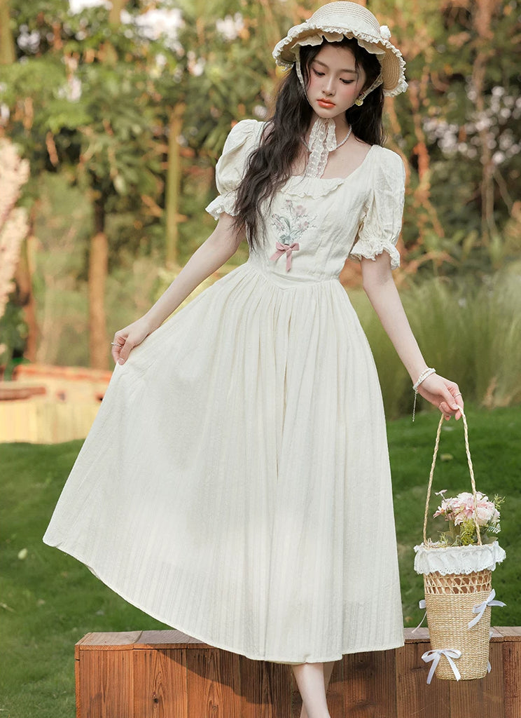 Cottage Flower Midi Dress (Cream)