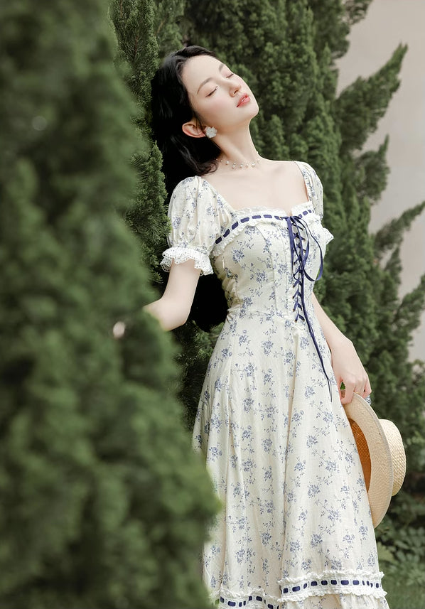 Porcelain Rose Lace Up Midi Dress (White/Blue)