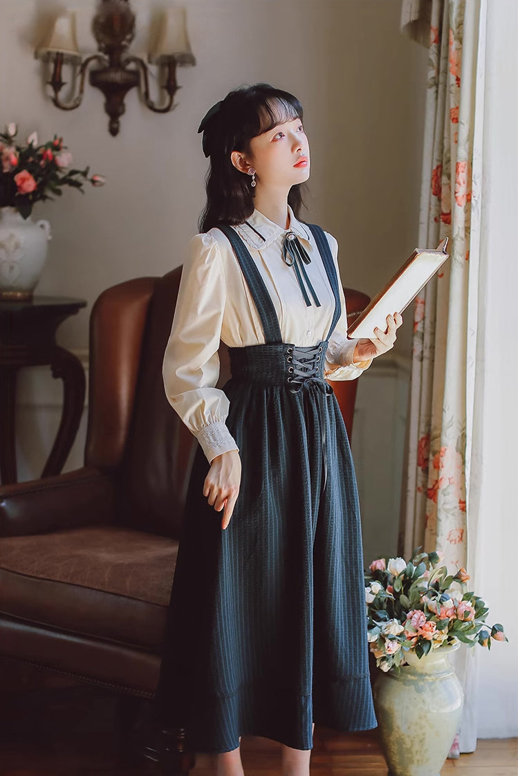 Long Sleeve Crepe Suspender Skirt Set (2 Colors)