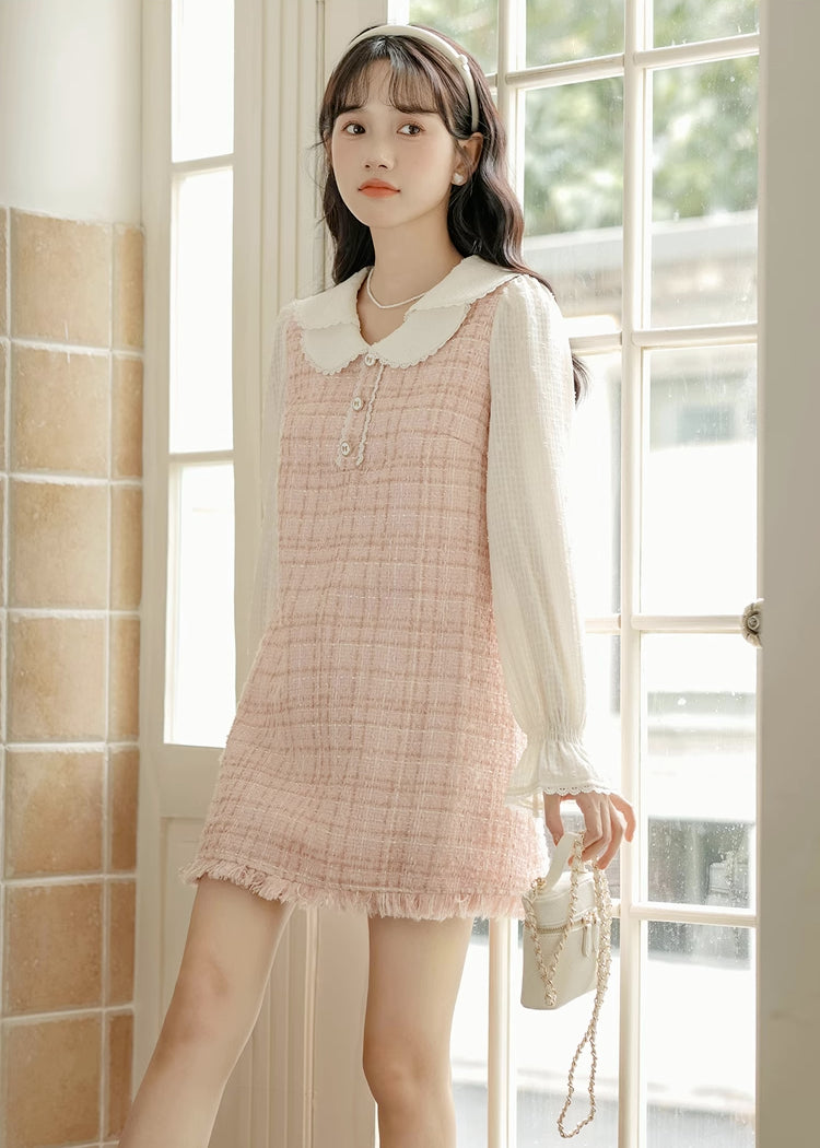 Tweed Plaid Mini Shift Dress (Pink)