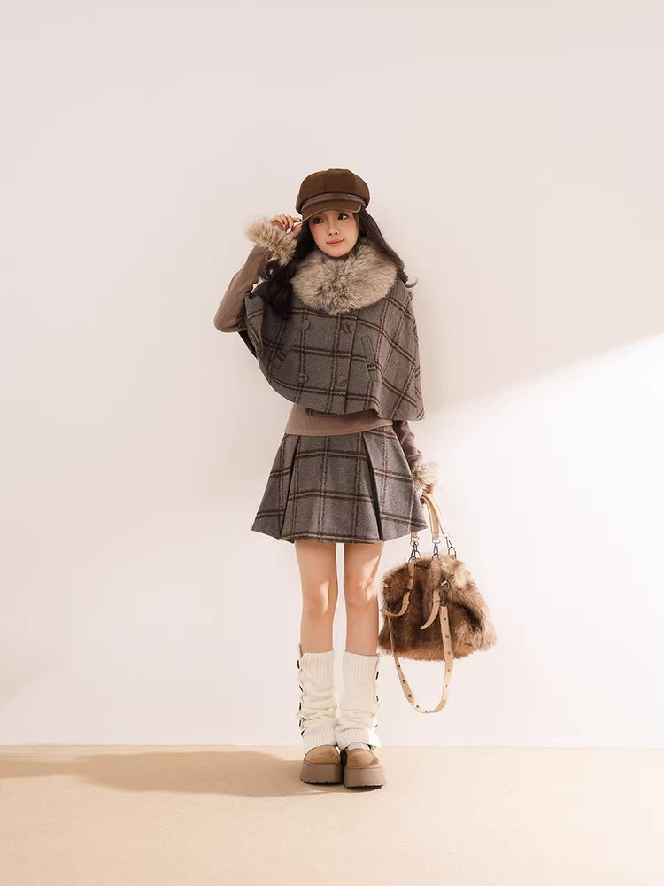 Library Plaid Capelet & Mini Skirt Set (Grey)