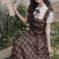 Hazel Plaid Flutter Twofer Midi Dress (Brown)