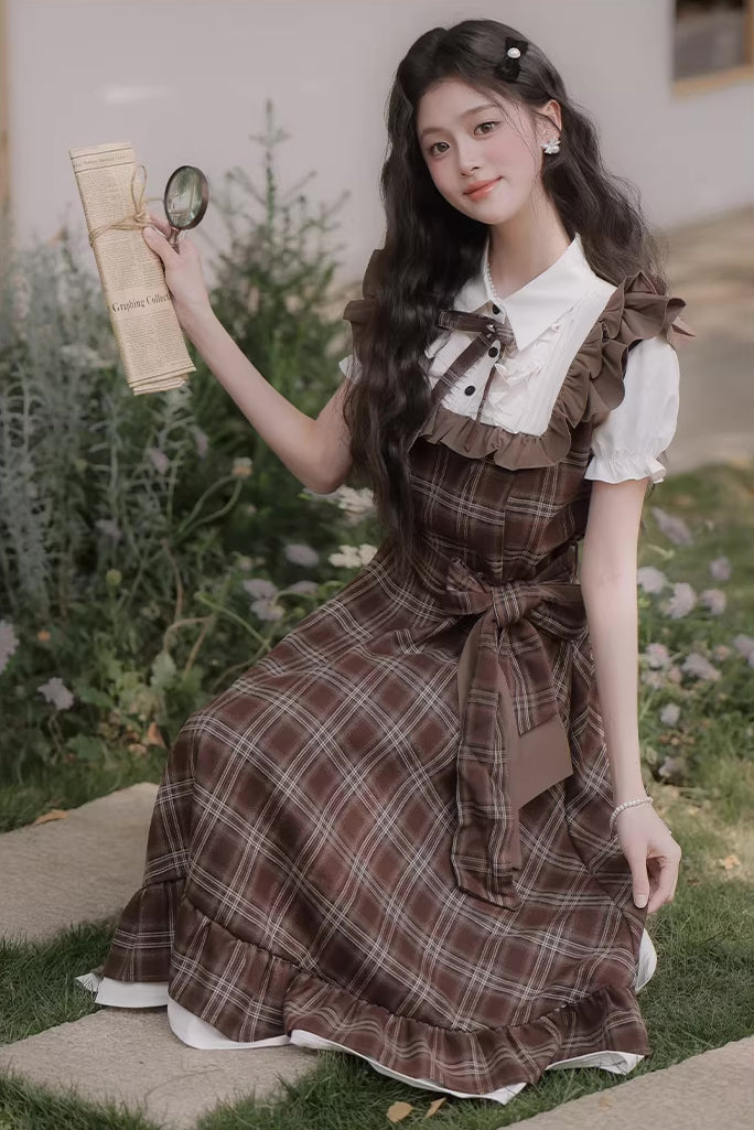 Hazel Plaid Flutter Twofer Midi Dress (Brown)