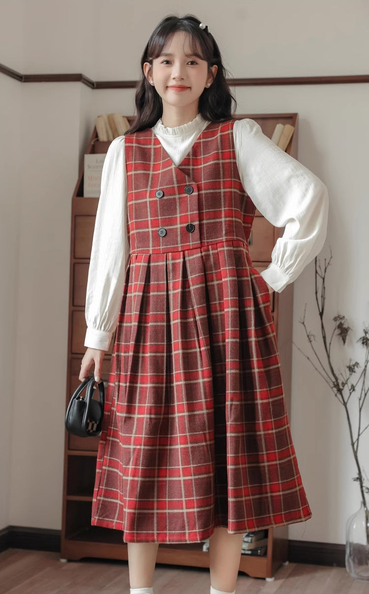 Biscuit Plaid Midi Dress (Red)