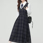 Oxford Plaid Midi Pinafore & Blouse Set (Navy)