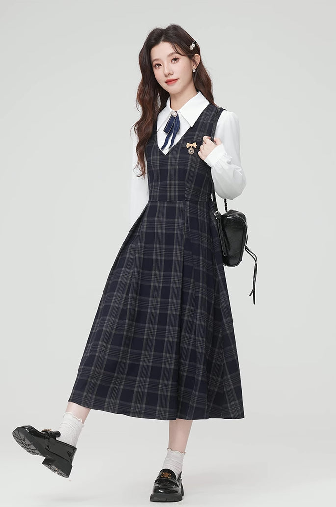 Oxford Plaid Midi Pinafore & Blouse Set (Navy)