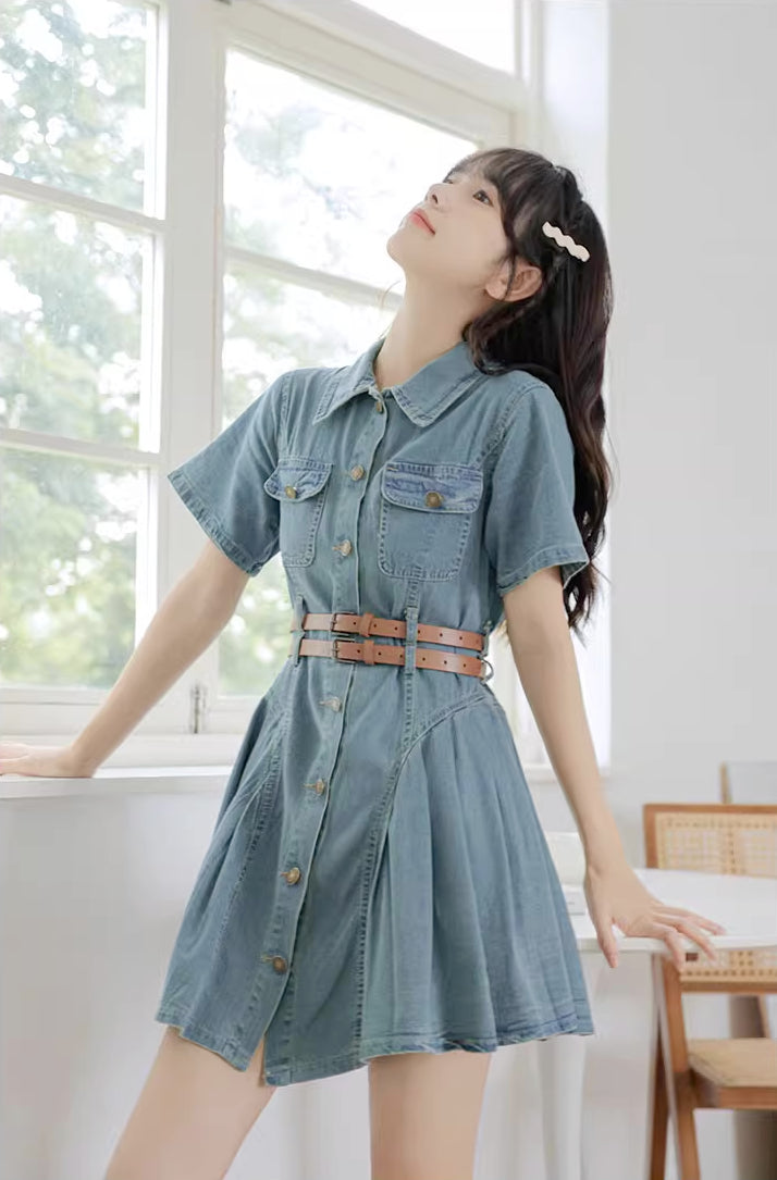 Button Up Denim Mini Dress (Medium Blue)