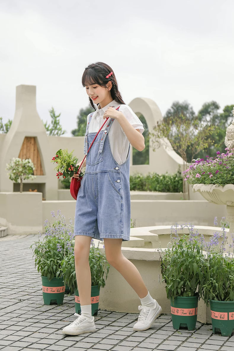 Rosy Days Embroidered Short Overalls (Light Denim)