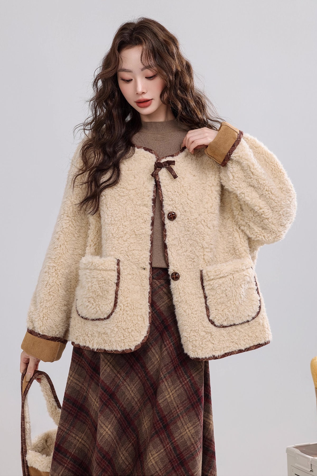 Round Neck Teddy Jacket (Khaki)