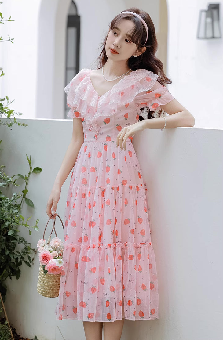 Strawberry Girl Midi Dress (Pink)