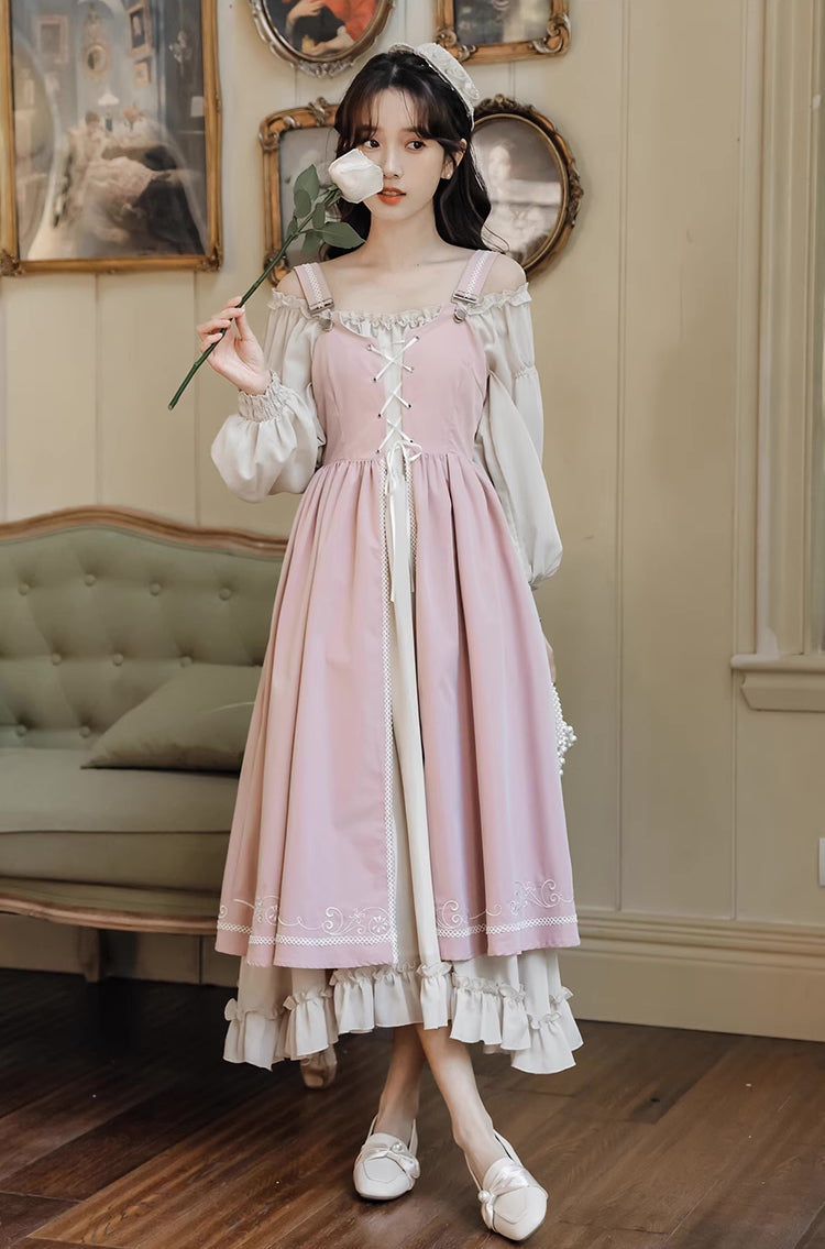 Two-Piece Corset Peasant Dress (Pink/Cream) M