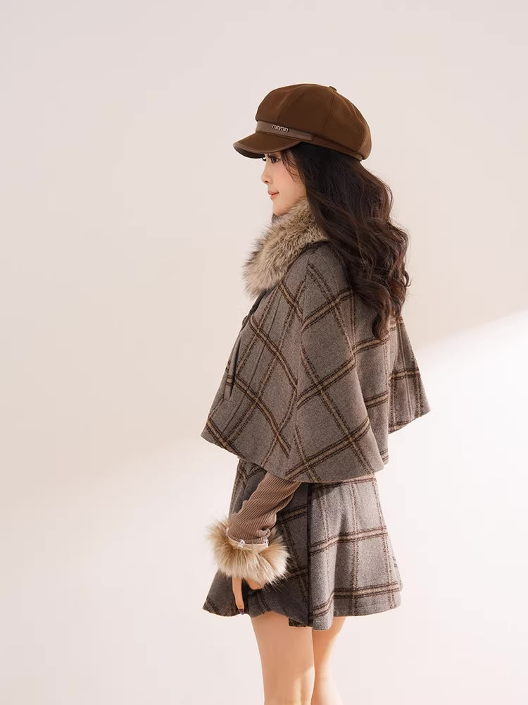 Library Plaid Capelet & Mini Skirt Set (Grey)