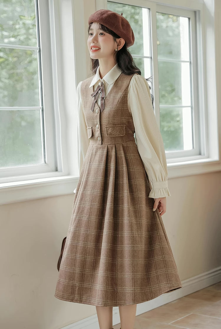 Acorn Plaid Tweed Midi Pinafore Dress (Brown)