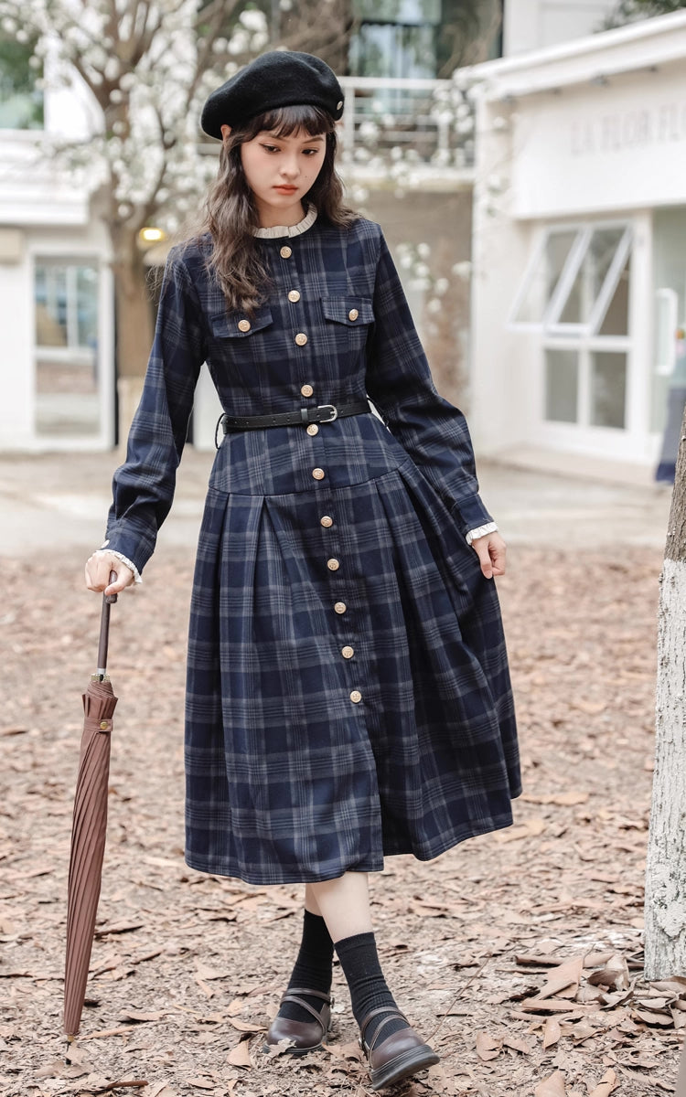 Academia Plaid Button Midi Dress (Navy)