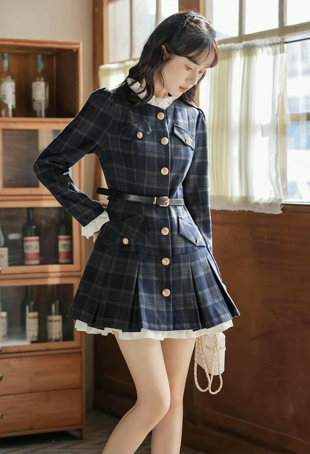 Academia Plaid Button Mini Dress (Navy)