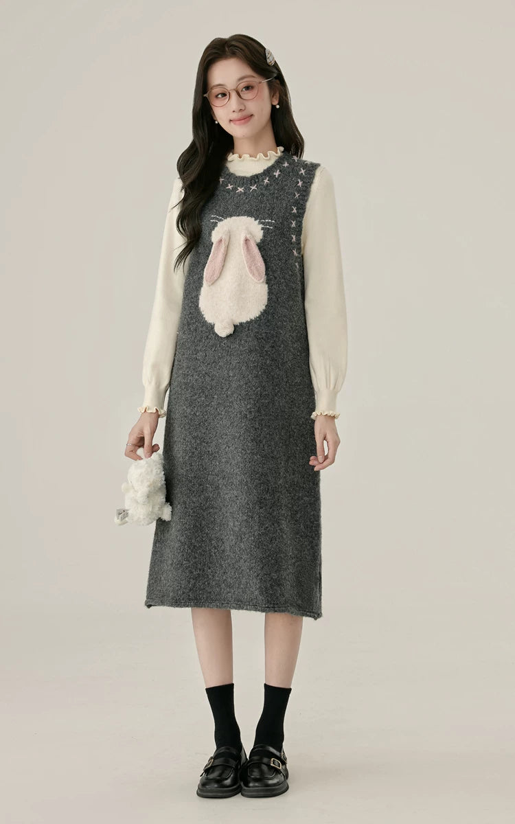 Bunny Tail Sleeveless Sweater Dress (Gray)