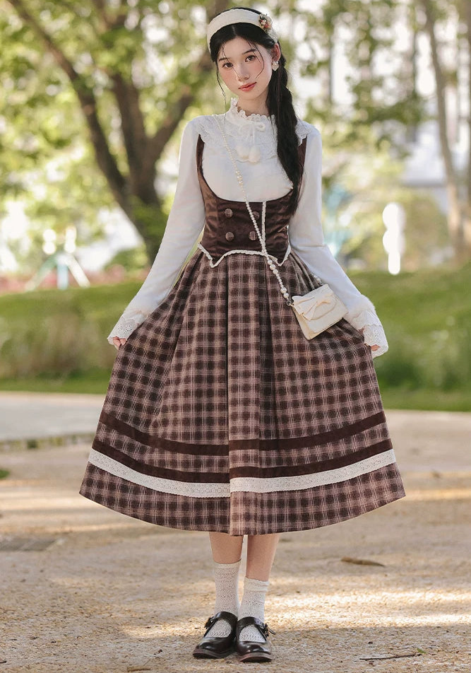 Mocca Plaid Suspender Skirt (Brown)