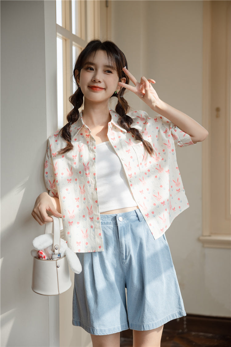 Pink Bunny Cropped Button Up Shirt (White)