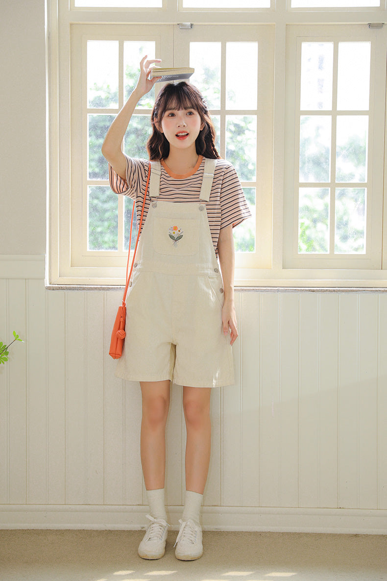 Flower Bouquet Short Overalls (White)