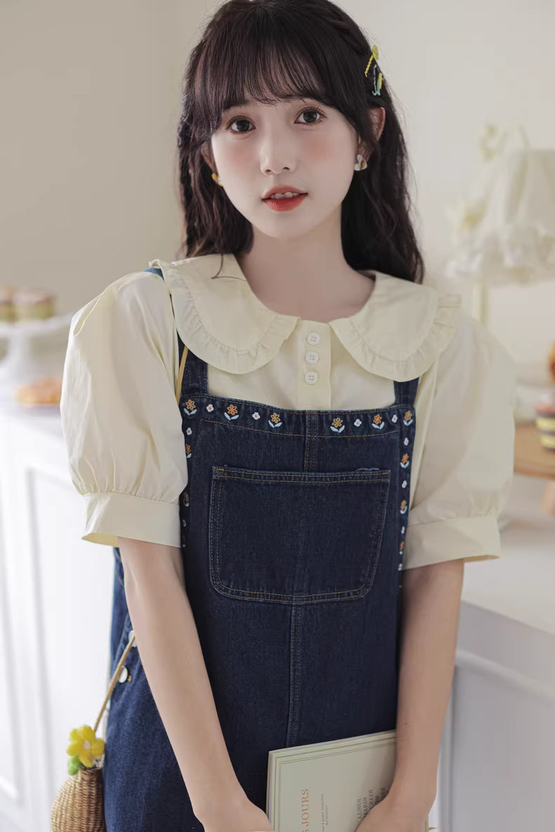 Flower Embroidered Mini Pinafore Dress (Dark Denim)