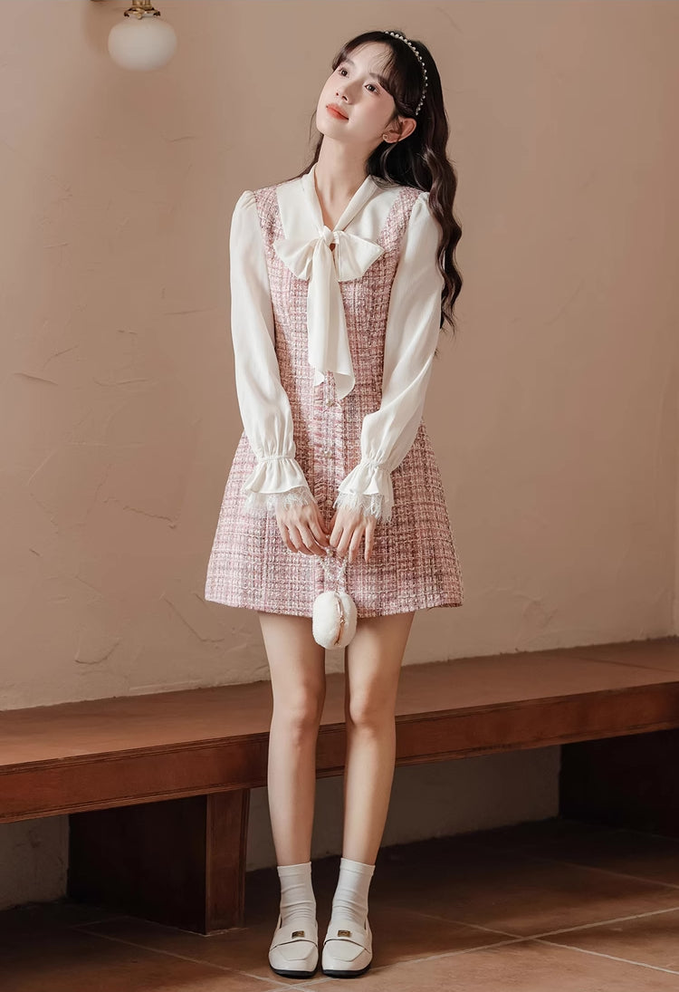 Tie Neck Tweed Mini Shift Dress (Pink)