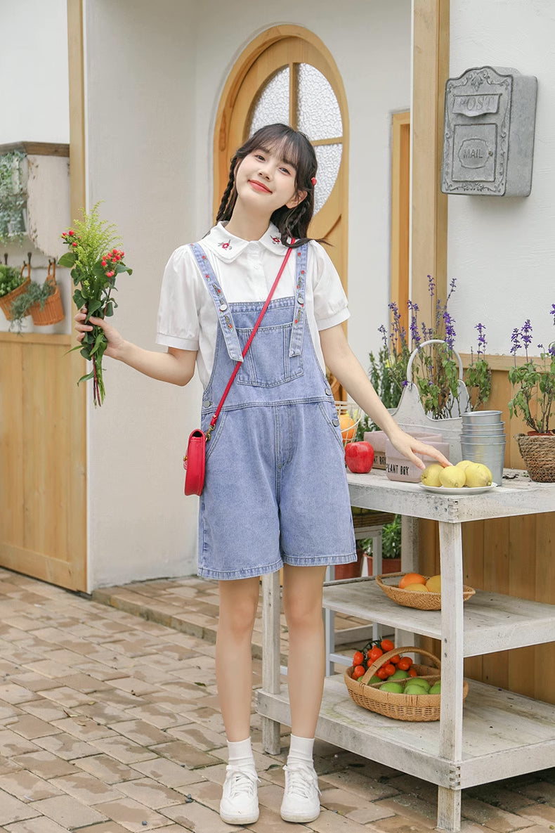 Rosy Days Embroidered Short Overalls (Light Denim)