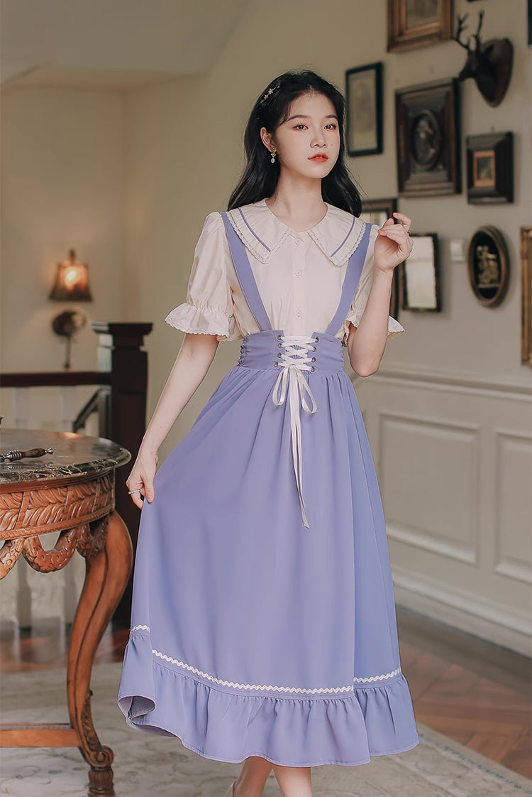 Short Sleeve Lace Up Suspender Skirt Set (3 Colors)