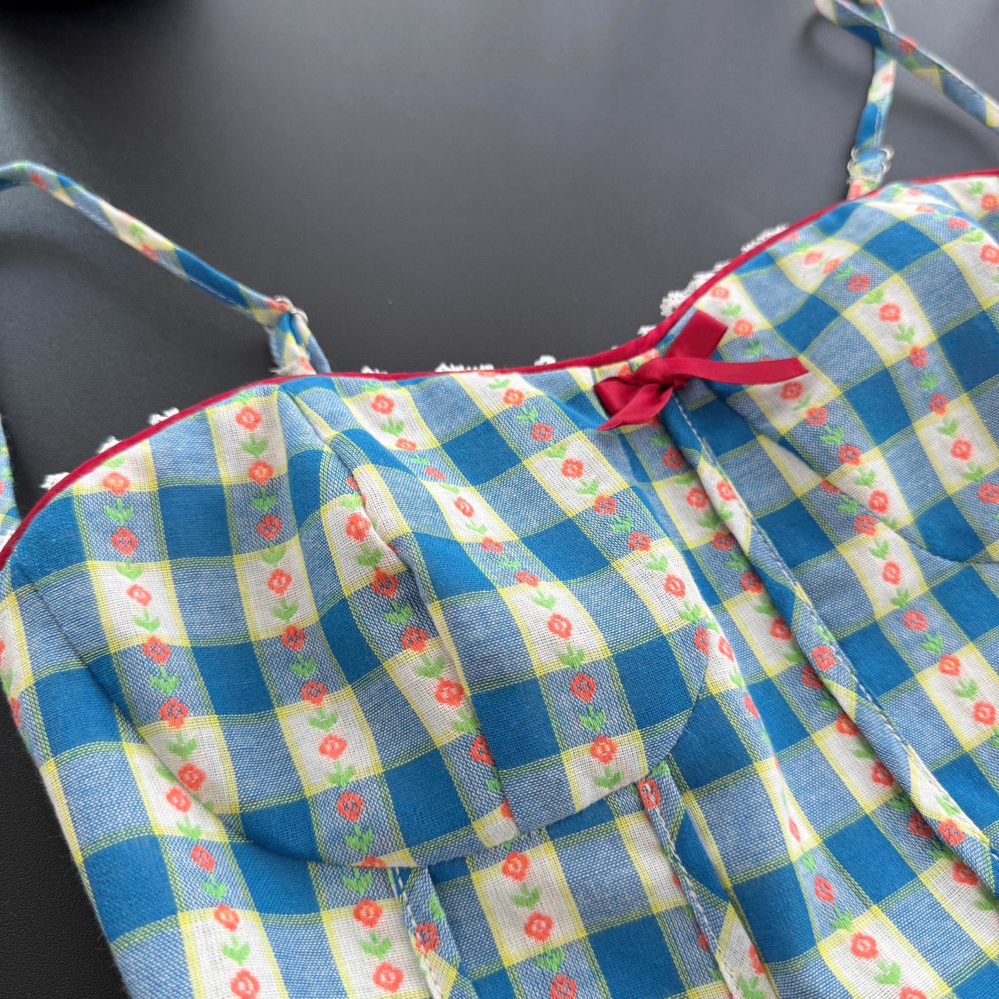 Vintage Gingham Floral Cami Dress (Blue)