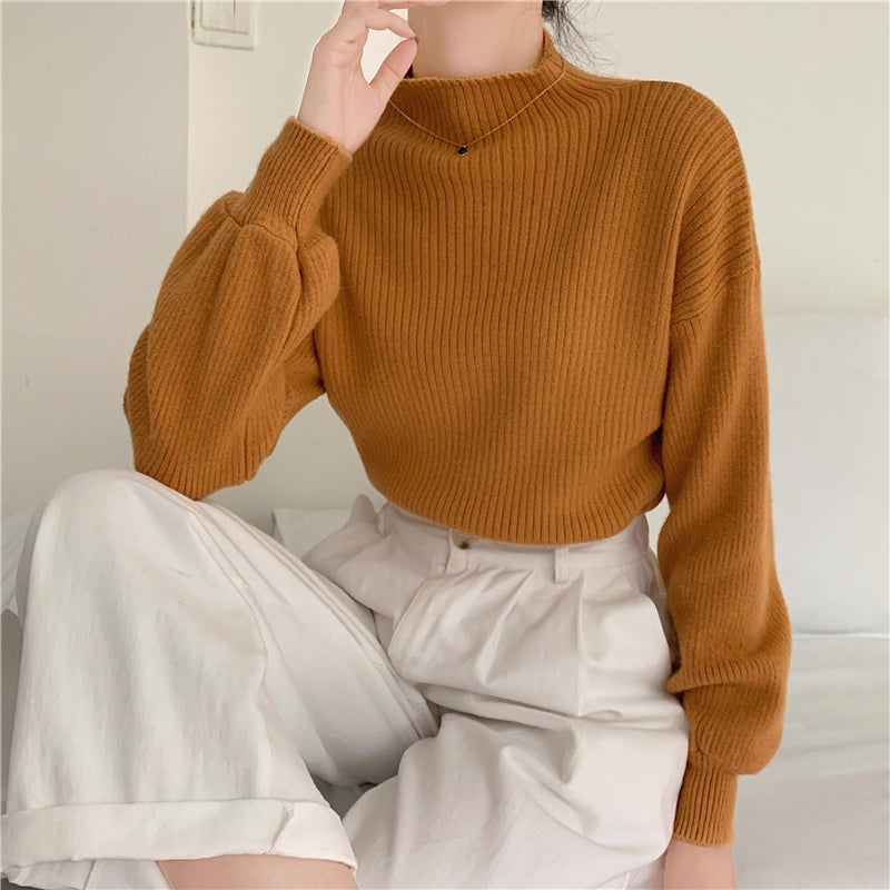 Balloon Sleeve Ribbed Sweater (4 Colors)