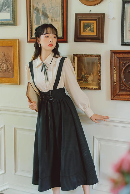 Long Sleeve Crepe Suspender Skirt Set (2 Colors)