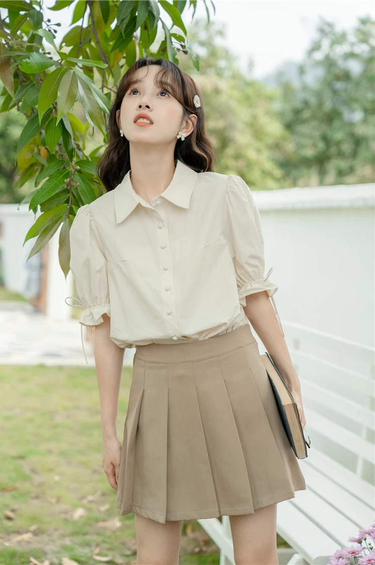 Basic Frilly Puff Sleeve Blouse (Cream)