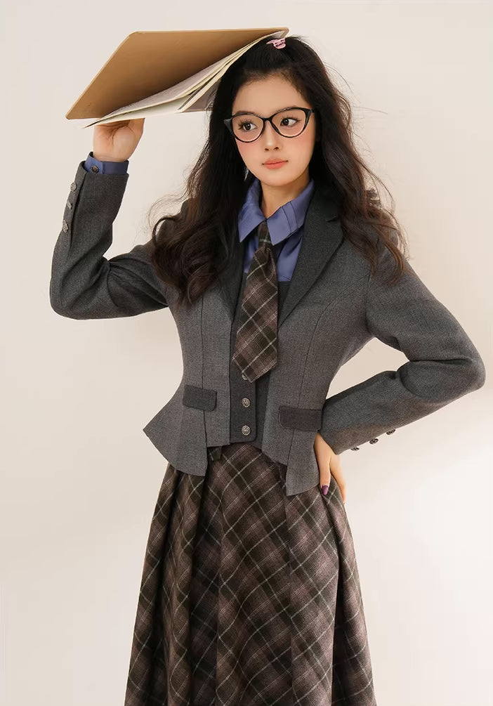 Newsgirl Plaid Suspender Skirt & Blouse Set (2 Colors)
