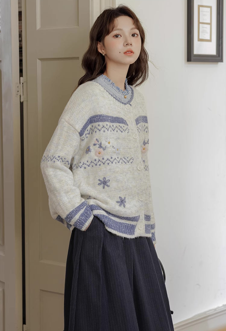 Embroidered Floral Fair Isle Cardigan (Off-White)