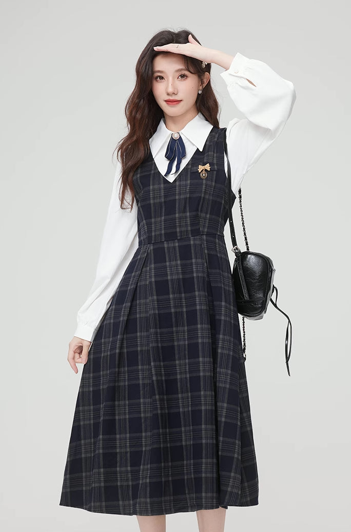 Oxford Plaid Midi Pinafore & Blouse Set (Navy)