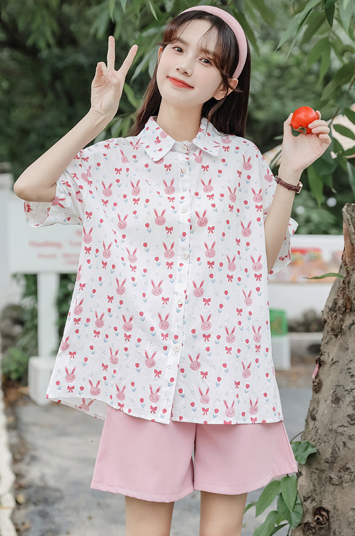 Pink Bunny Button Up Shirt (White)