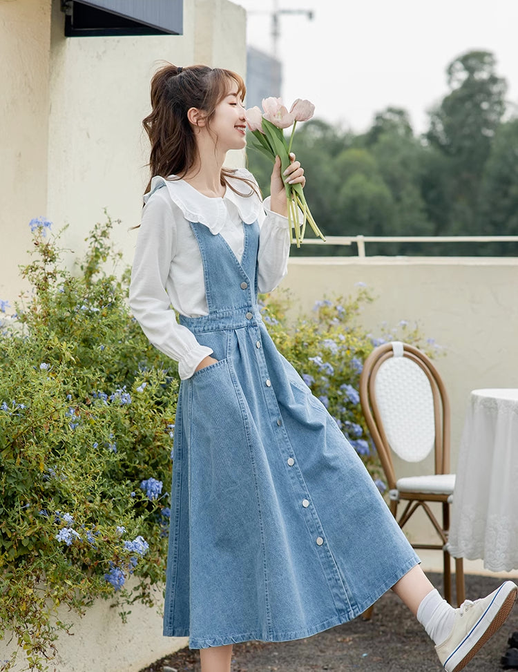 Blue Denim Pinafore Dress | Litton – motelrocks.com
