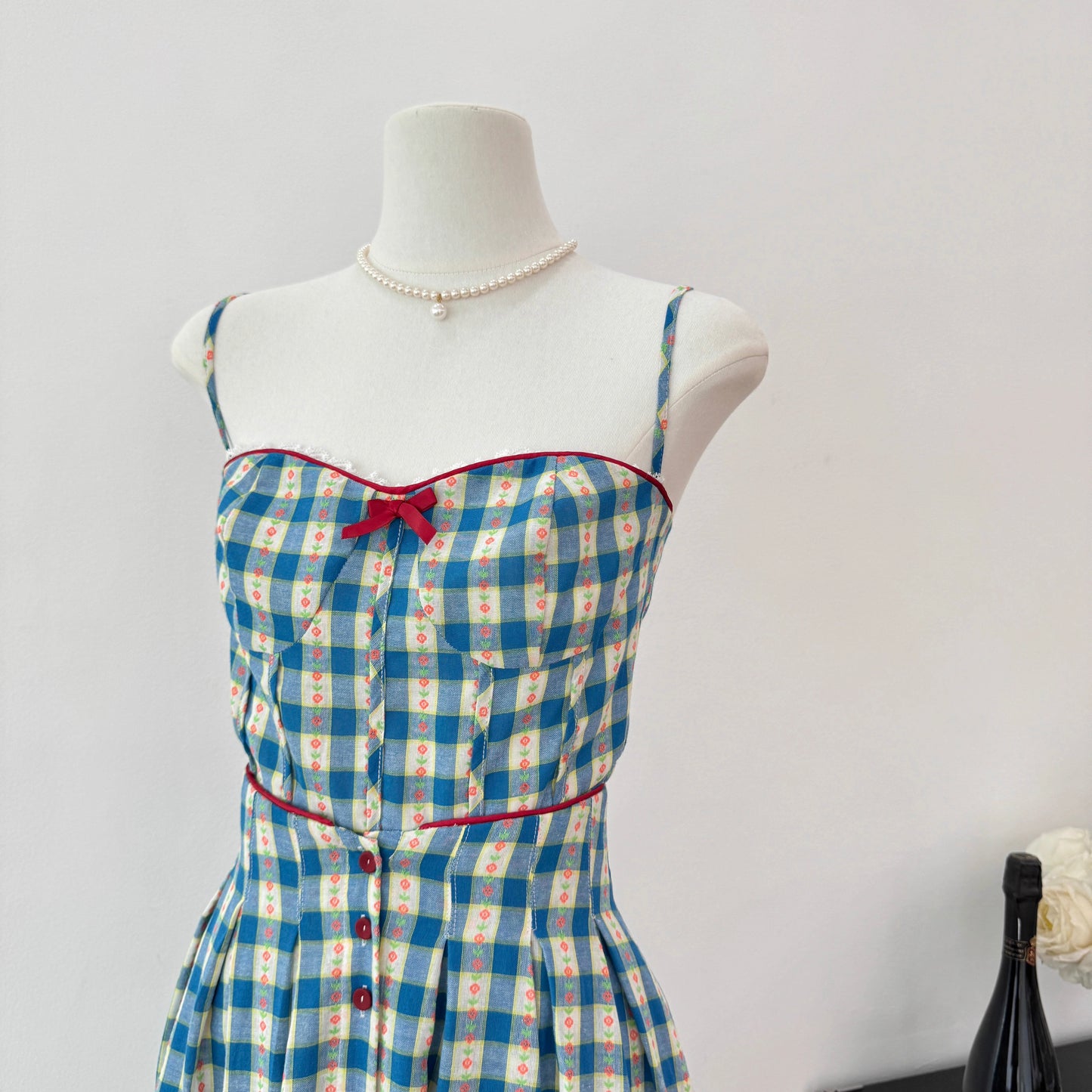 Vintage Gingham Floral Cami Dress (Blue)