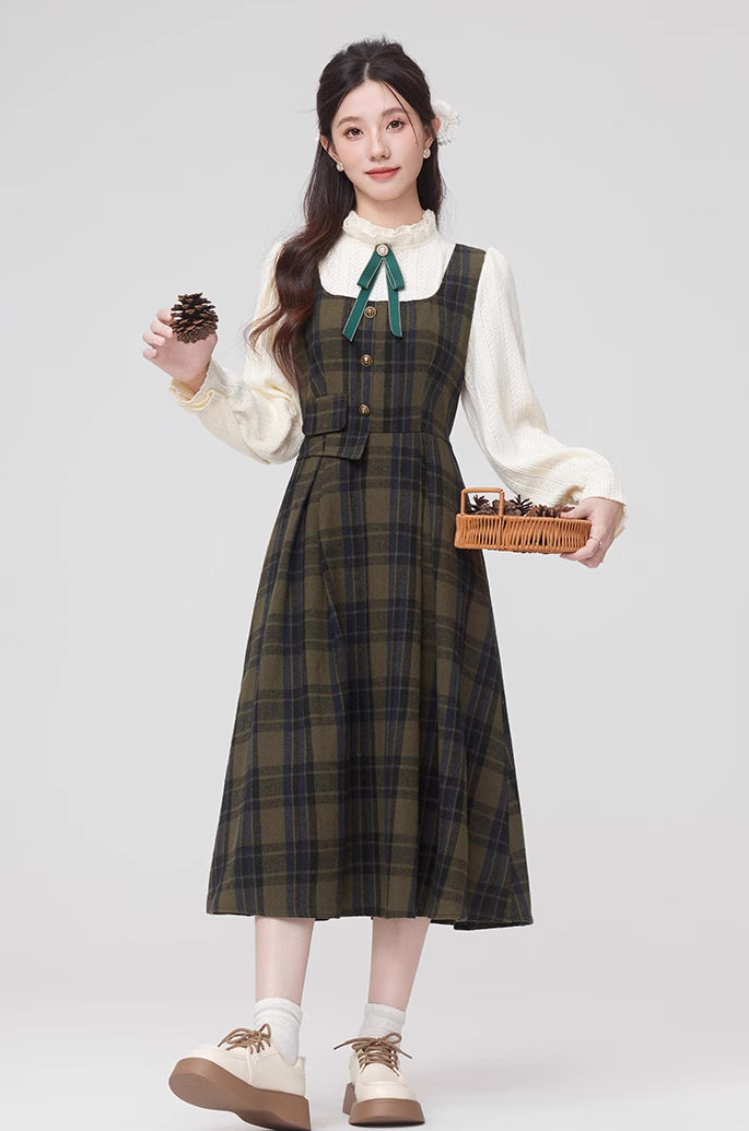 Cabin Plaid Twofer Midi Dress (Olive)