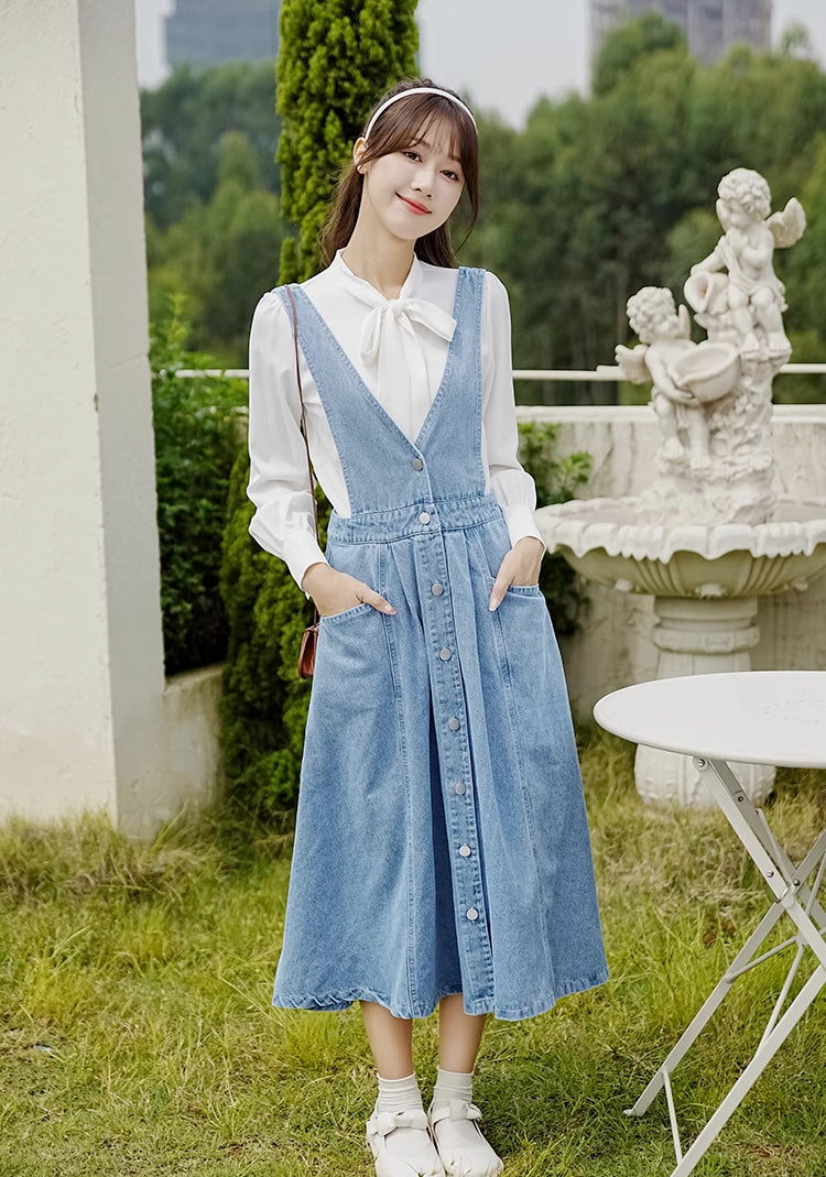 Button Denim Midi Pinafore Dress (Light Blue)