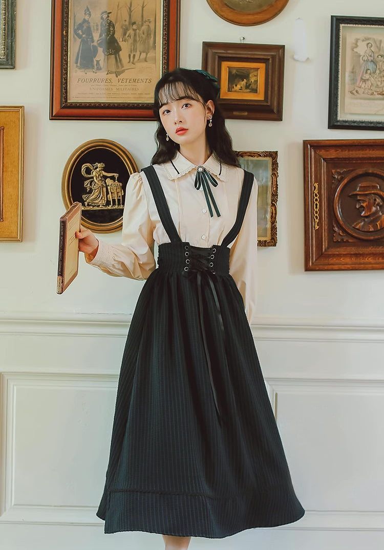 Long Sleeve Crepe Suspender Skirt Set (2 Colors)