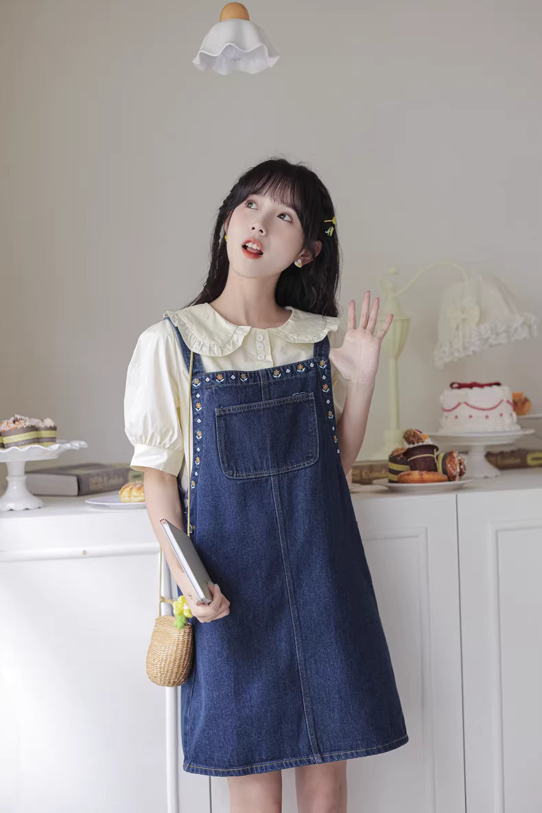 Flower Embroidered Mini Pinafore Dress (Dark Denim)