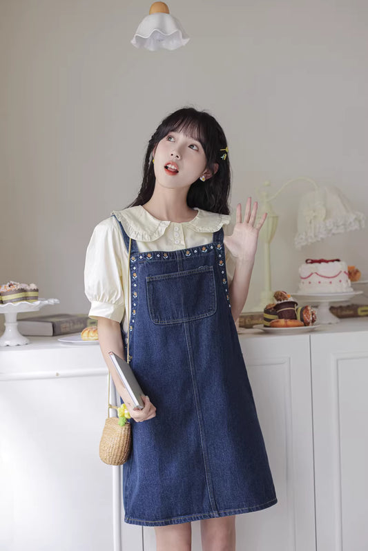 Flower Embroidered Mini Pinafore Dress (Dark Denim)