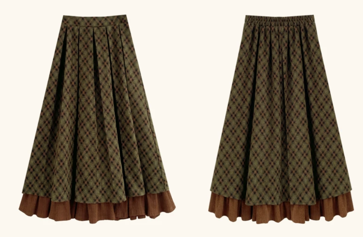 Willow Plaid Pleated Midi Skirt (Green/Brown)