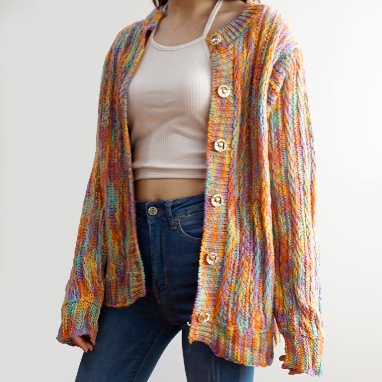 Marled Knit Grandma Cardigan (Rainbow)