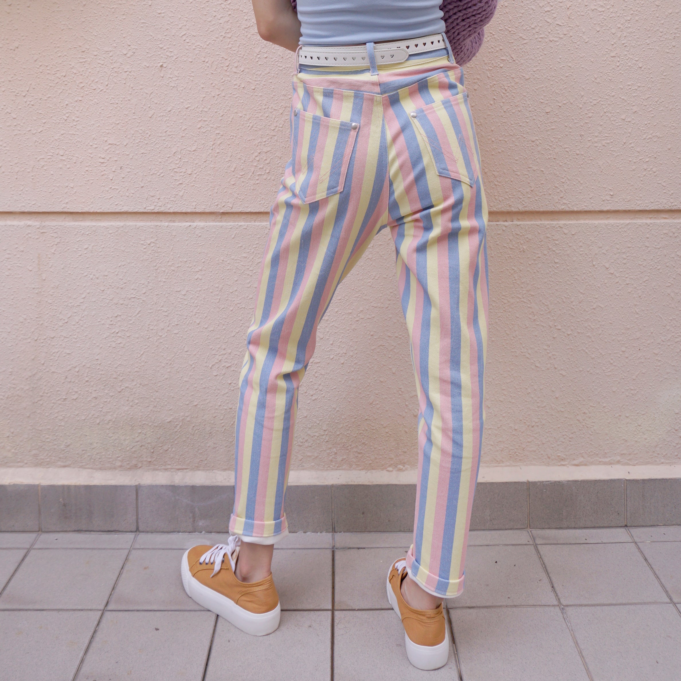 Blue and white striped mom jeans online