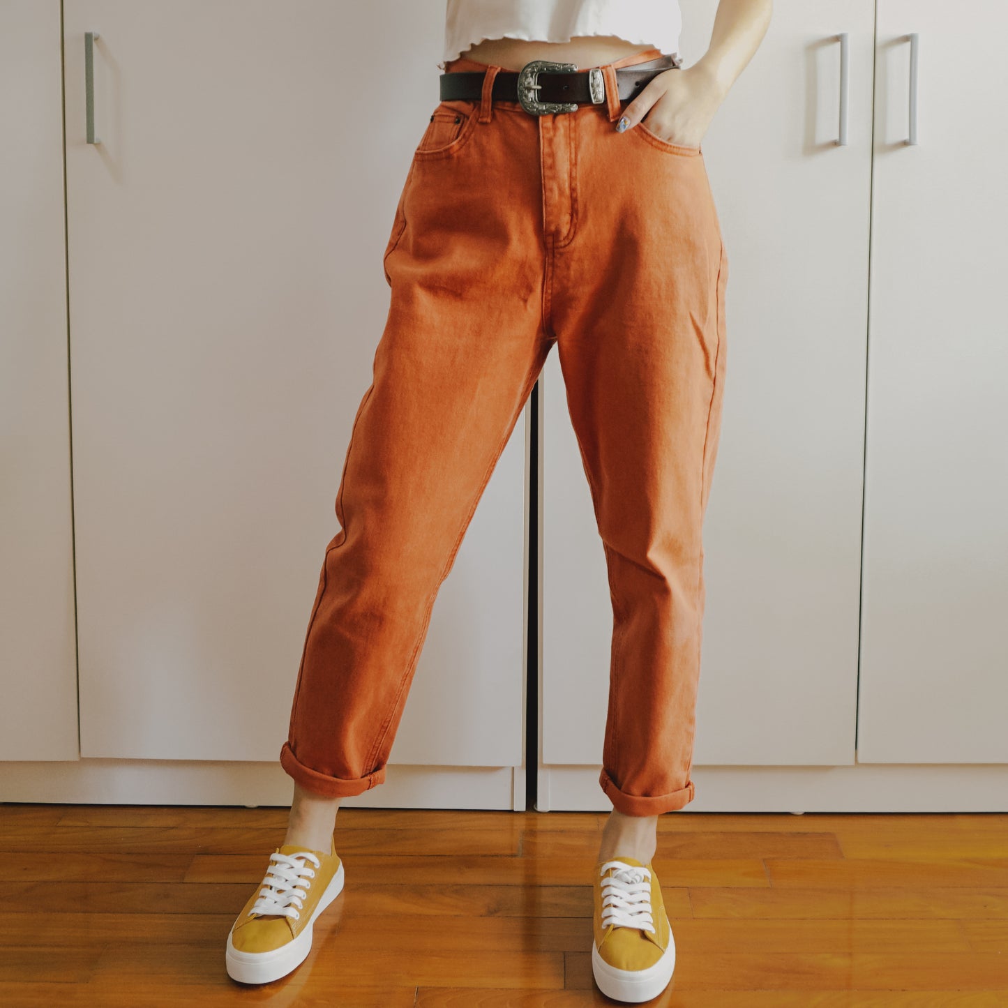 High Waist Denim Mom Jeans (Rust Orange)