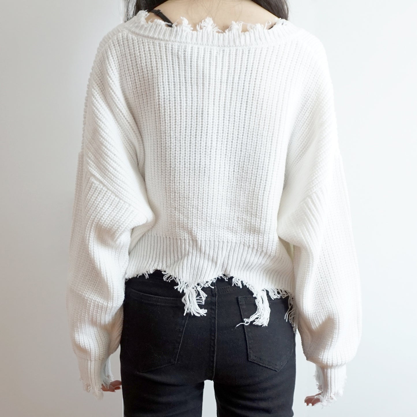Distressed V-Neck Cropped Sweater (2 Colors)