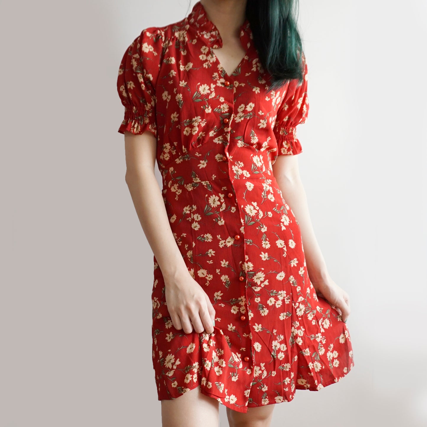 Floral Blossom Puff Sleeve Dress (Red)